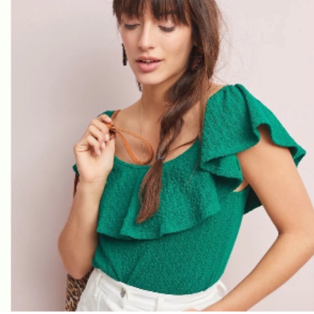Anthropologie | Green Textured Off Shoulder Top blouse women’s Medium